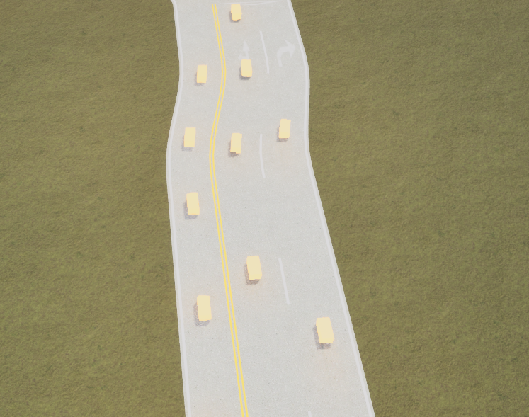 A road with lane boundaries drifting away from the centerline
