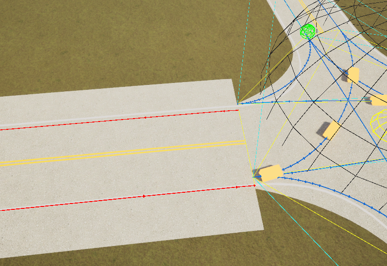 Debug view showing a lane connection crossing to the wrong side