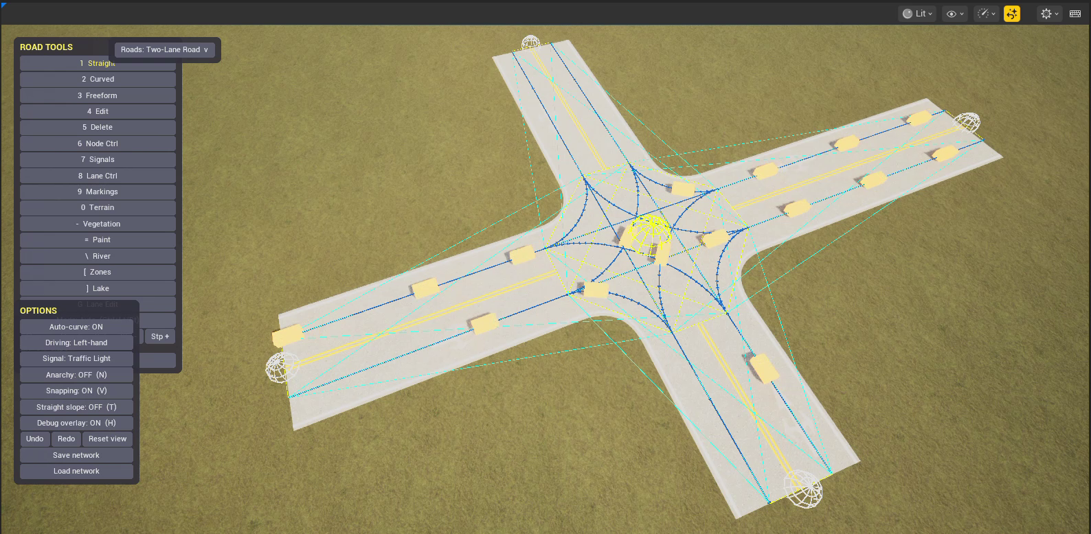 A four-way junction with lane connections visualized